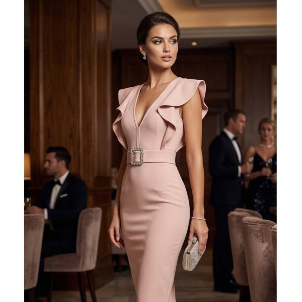 Vanessa Scott Sheath Dress L Blush Pink tan Party Cocktail Belt Party evening